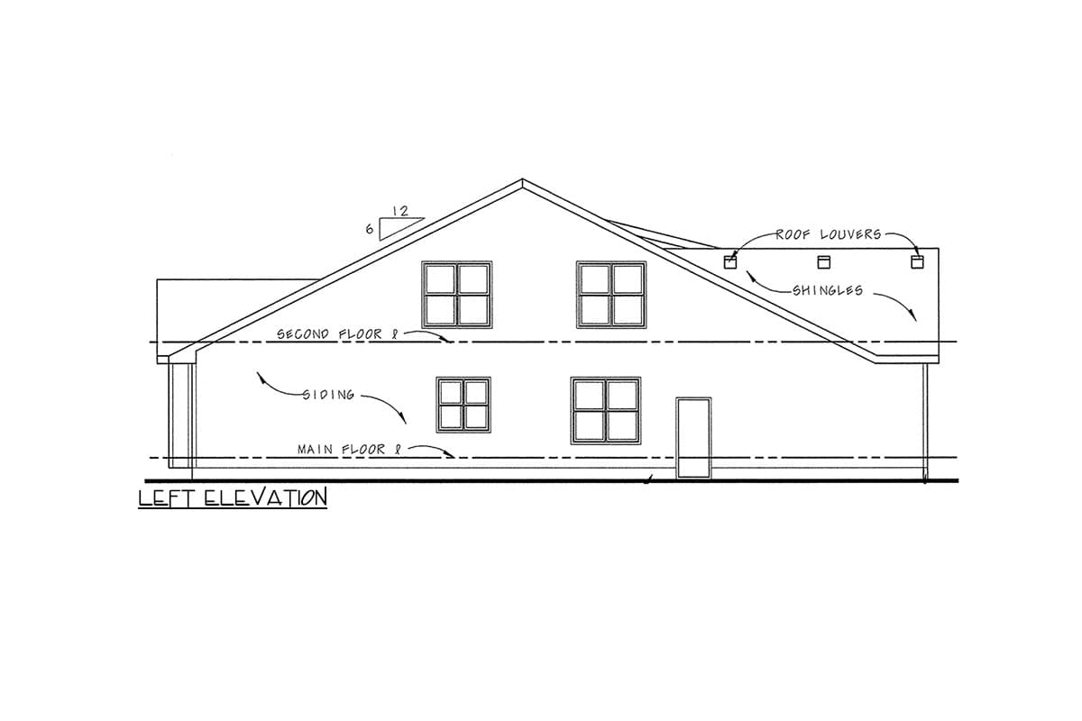 Left elevation of a two-story house plan with siding, multiple windows, roof louvers, and shingles.