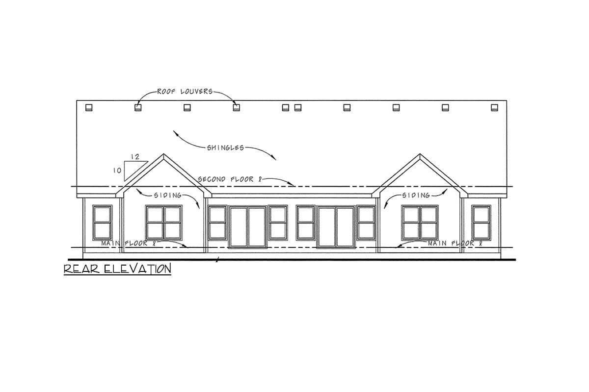 Rear elevation drawing of a house showing siding, roof louvers, shingles, and multiple windows.