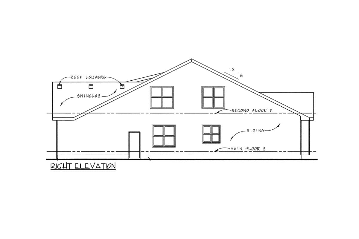 House plan right elevation showing two stories, hip roof with louvers and shingles, four windows on second floor, two windows and door on main floor.