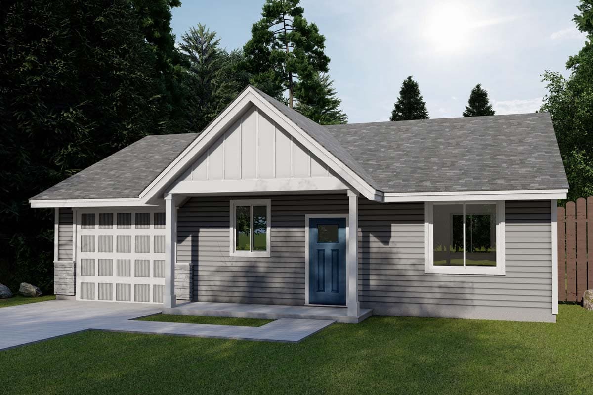 House plan exterior. Ranch style with a single story. Features include a front porch, gables, and an attached garage.