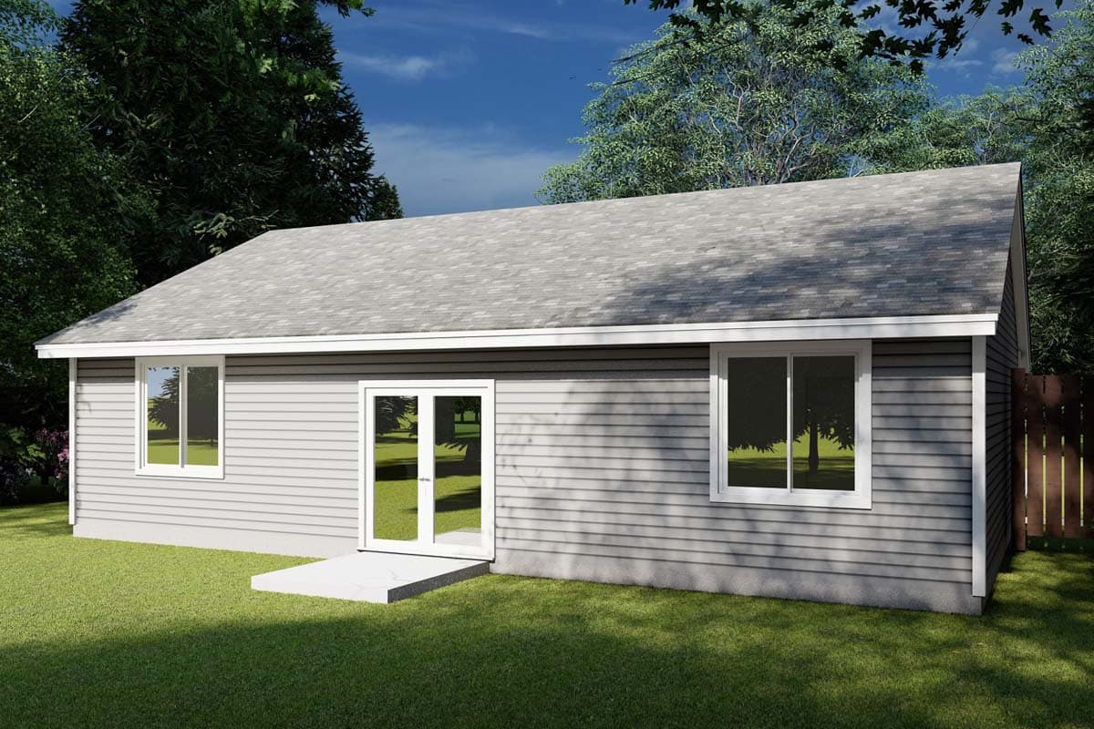 House plan exterior: One-story Modern style with vinyl siding, double glass doors, and two single-hung windows.