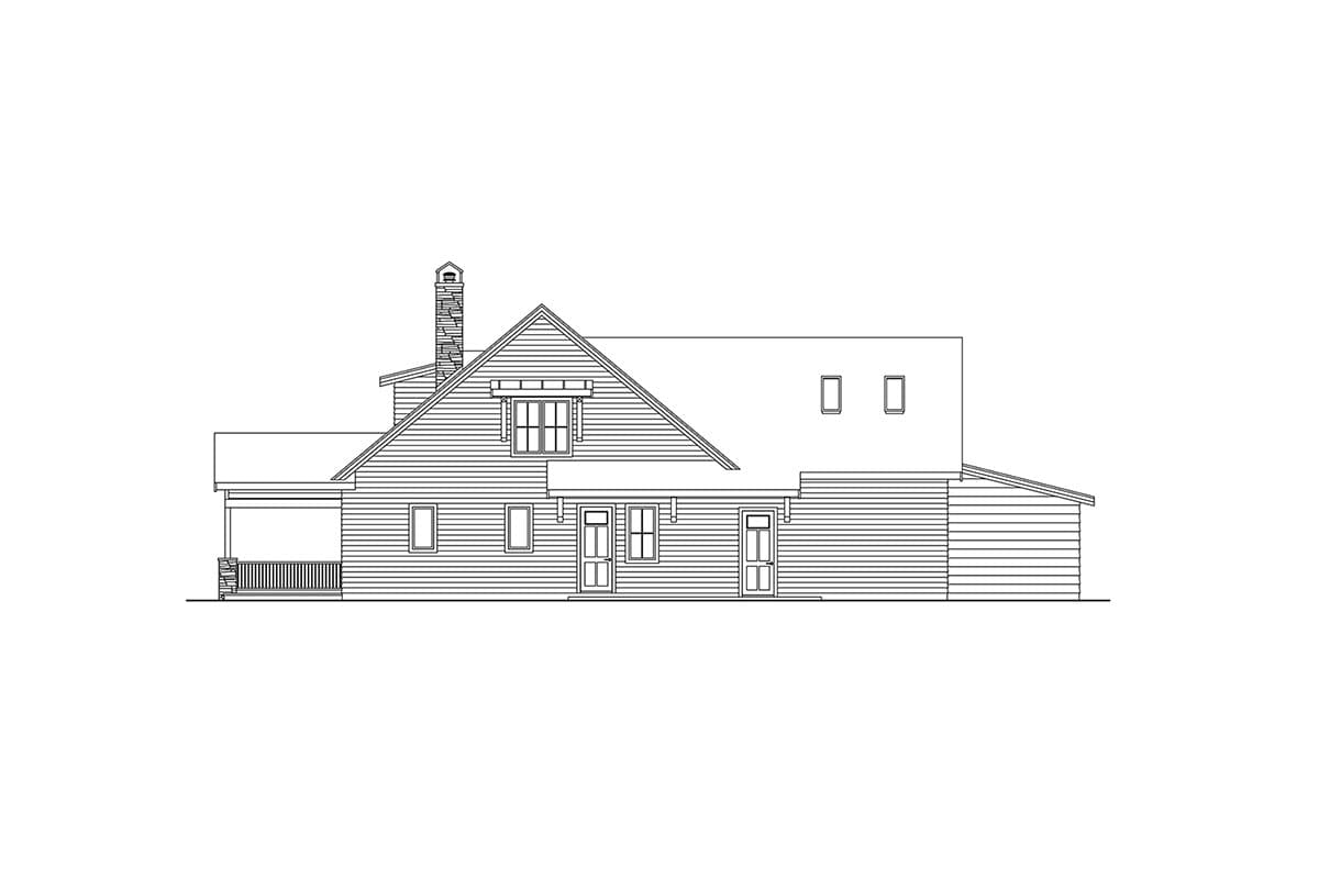 House plan exterior drawing showing a 1.5 story home with gables, dormers, a covered porch, and stone chimney.