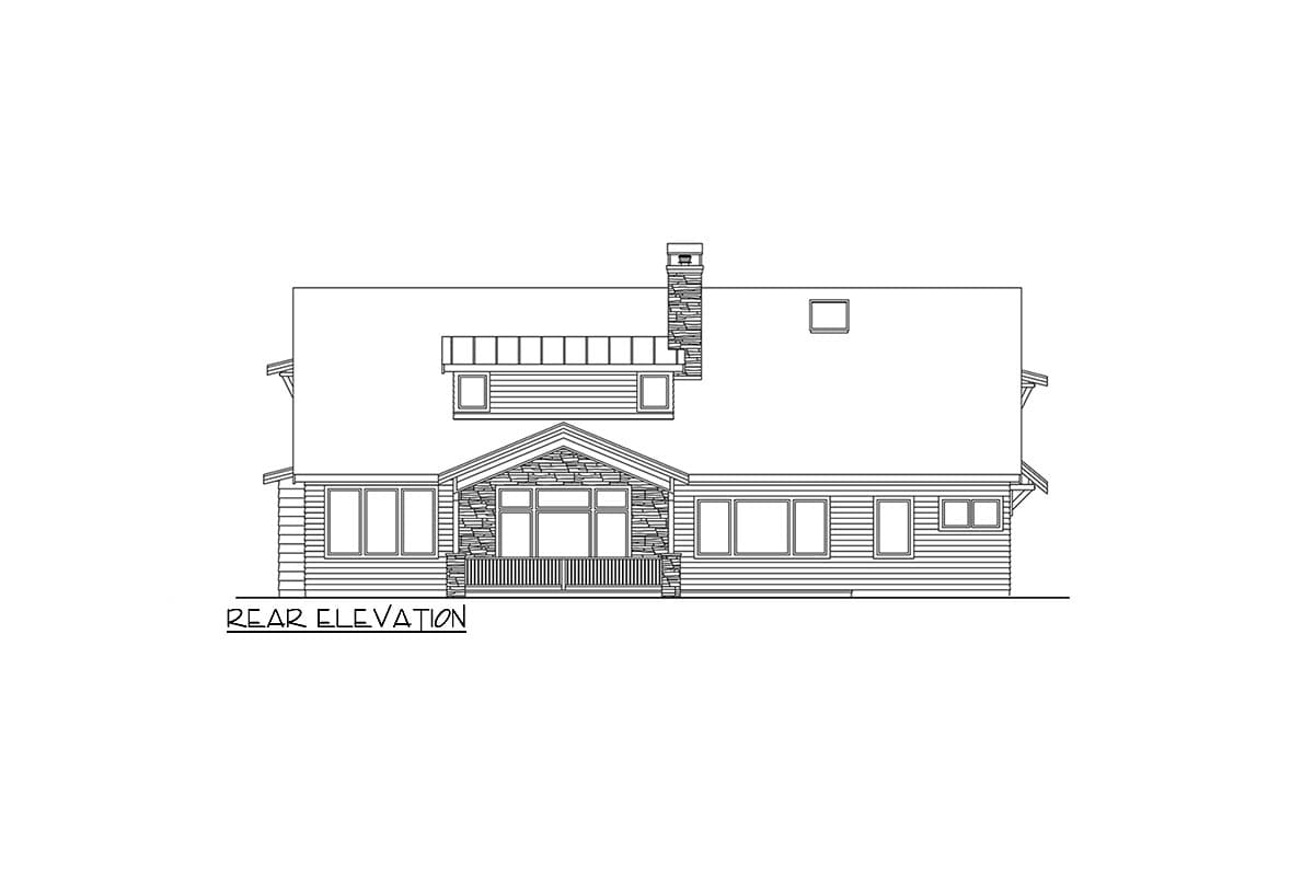 Rear elevation drawing of a house plan featuring a stone-clad gable entry, multiple windows, and a chimney.