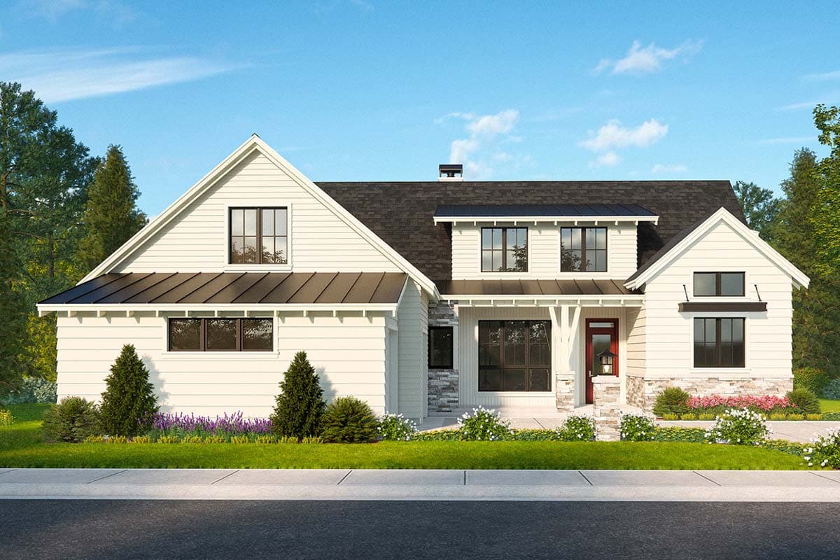 House plan exterior. Modern Farmhouse style, two stories. Features include gabled rooflines, a covered porch, and a stone facade accent.