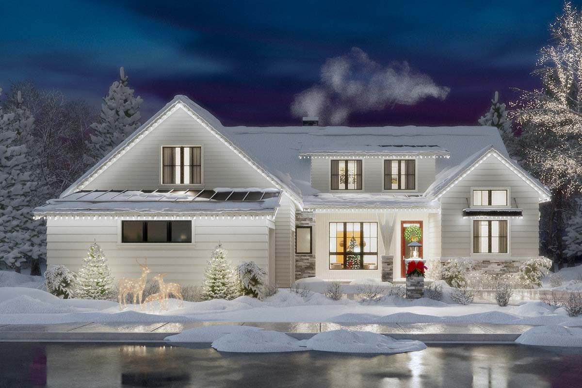 House plan exterior: Modern Farmhouse style, two stories, gabled roofs, central porch with red door, and stone accents.