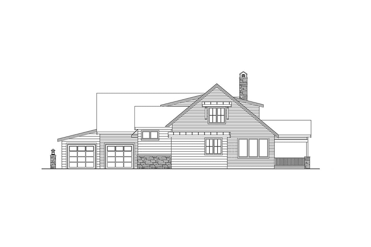 House plan exterior: Modern Farmhouse style, two-story, with a three-car garage, stone accents, gabled dormers, and covered porch.