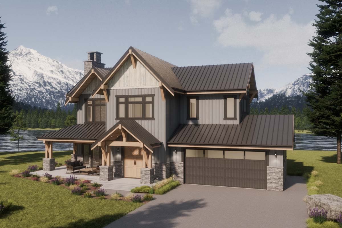 House plan exterior: two-story modern farmhouse with gabled roof, covered front porch, stone accents, and side-facing garage.
