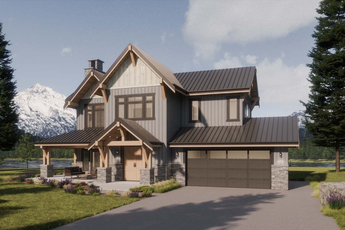 Modern Farmhouse house plan exterior with stone accents, a covered porch, gabled dormers, and a metal roof.