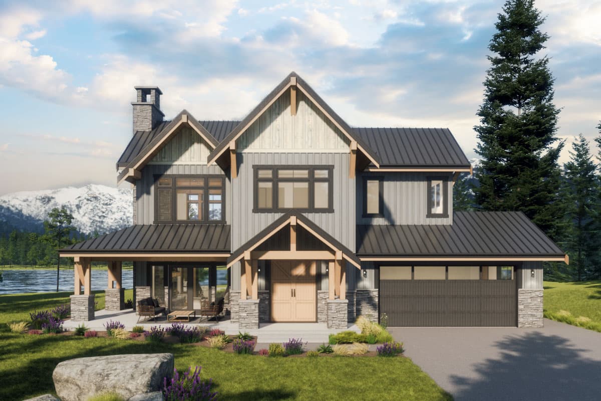 House plan exterior. Two-story Modern Farmhouse with gabled roof, covered porch, and attached garage. Stone accents and board and batten siding.