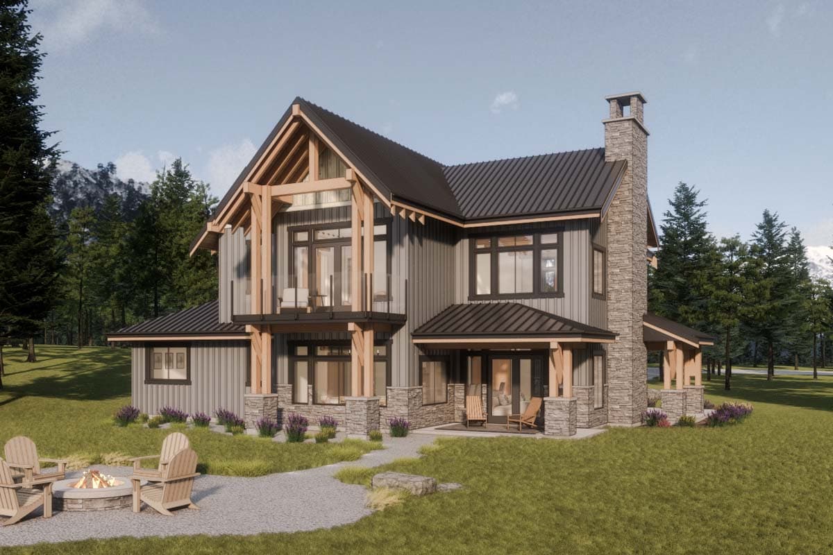 House plan exterior: Modern lodge style, two stories, exposed timber framing, stone chimney, and metal roof.