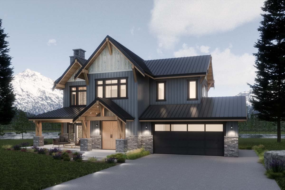 House plan exterior: Two-story modern mountain home with gabled roof, covered porch, stone accents, and attached garage.