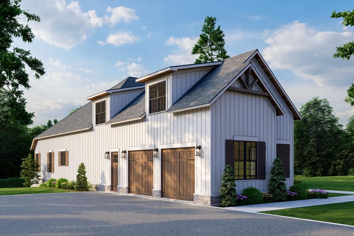 House plan exterior rendering of a modern farmhouse style structure with two garage doors, board and batten siding, and dormers.