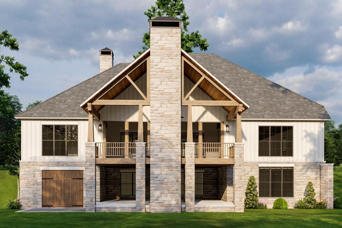 House plan exterior: Modern Farmhouse style, two stories, stone base, double garage, large gabled dormers, and exposed beams.