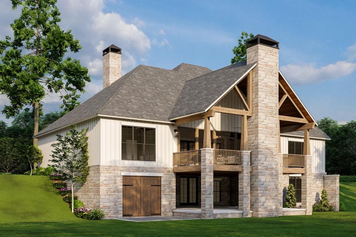 House plan exterior: Modern Farmhouse style, two stories, stone and board-and-batten siding, covered porch, and prominent stone chimney.