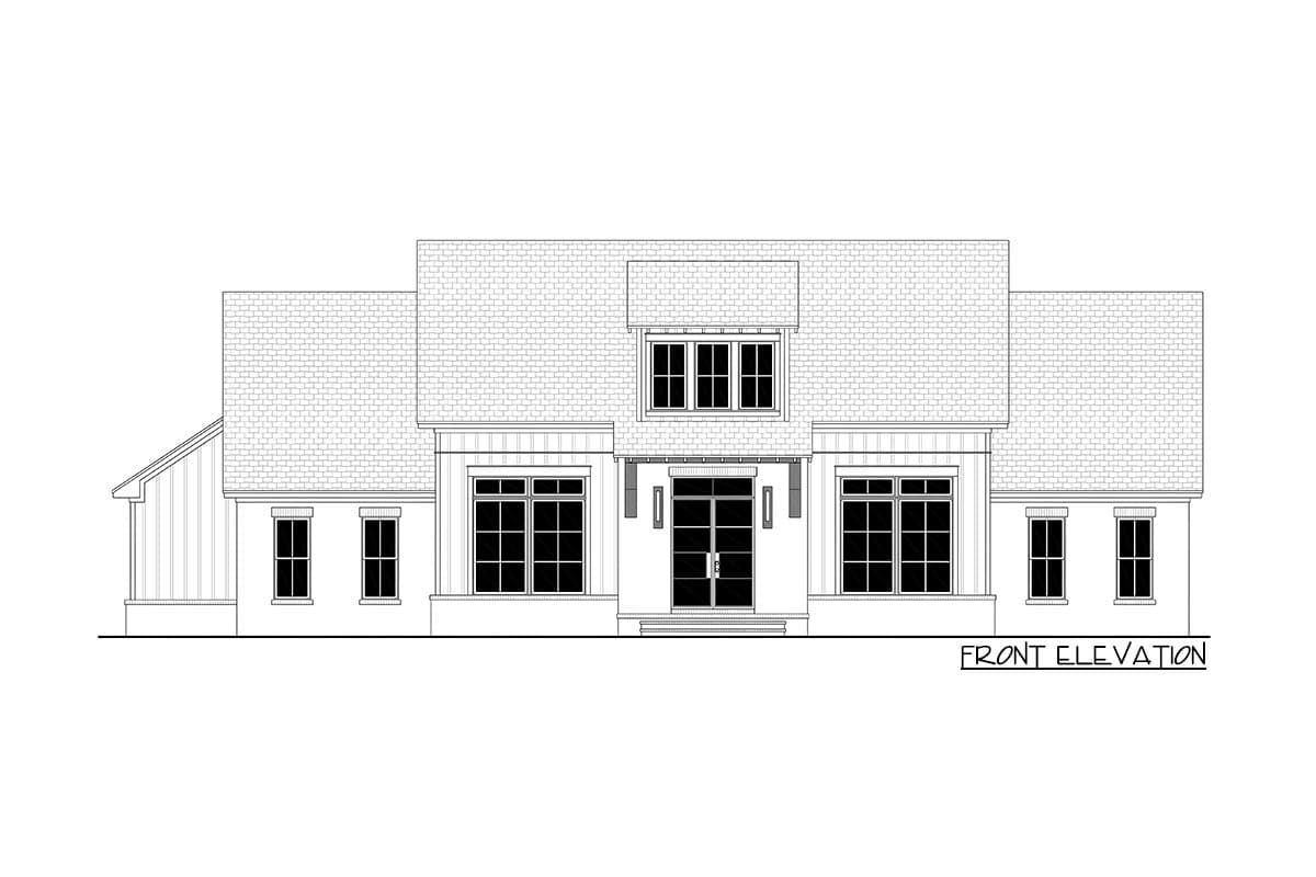 Front elevation drawing of a two-story house plan with a dormer, large windows, and a covered entryway.