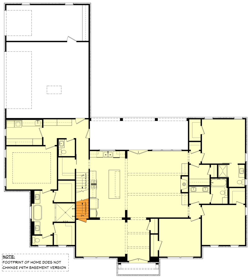 Plan 51953HZ: 4-Bedroom Sophisticated Modern Farmhouse Plan with Optional Bonus Suite Upstairs - Floor Plan - Main Level - Basement Stair Locaiton - Country, Modern Farmhouse, New American, Transitional