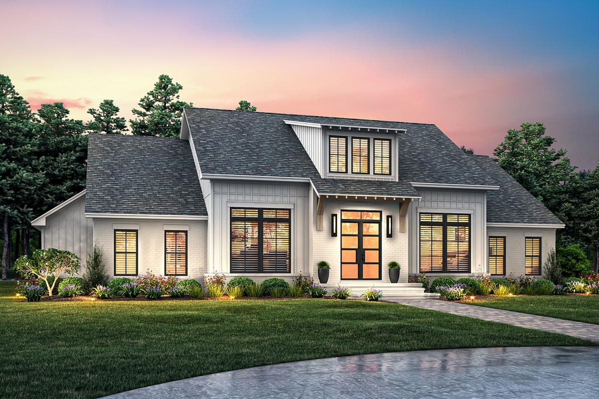 House plan exterior with Modern Farmhouse style, one story, and gabled roof. Features include dormers, large windows, and a covered entry.