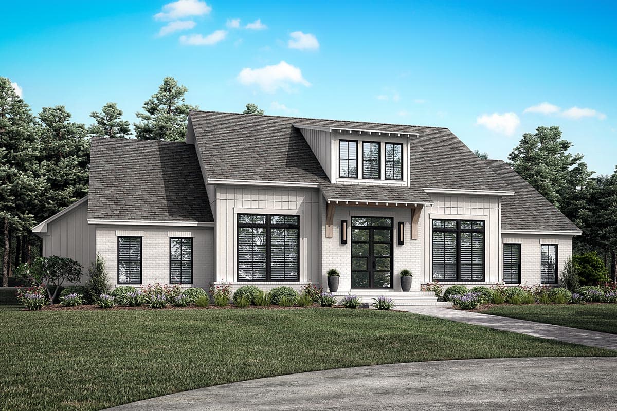 House plan exterior: Modern Farmhouse style, one-and-a-half stories, featuring board and batten siding, brick base, and prominent dormer.