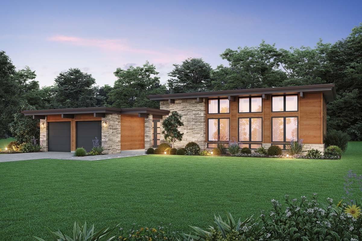 House plan exterior. Modern style, one story, featuring a flat roof, stone and wood siding, and a two-car garage.