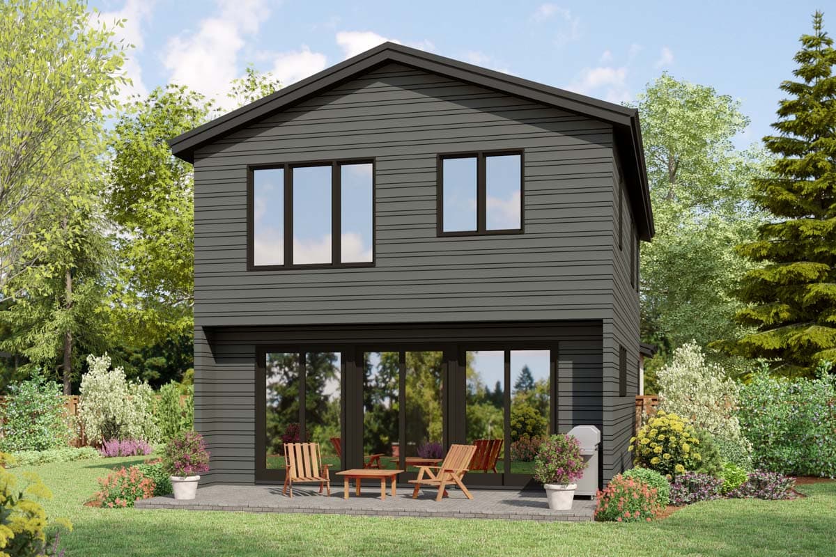Modern two-story house plan exterior with dark siding, a gable roof, and large sliding glass doors.
