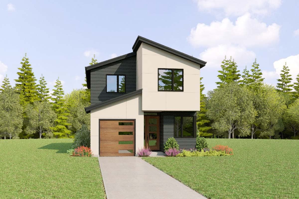Modern house plan exterior: two stories, angled rooflines, dark siding, white panels, wood garage door, and glass-paneled entry.