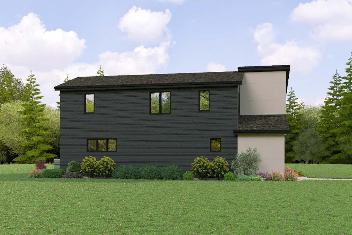 Modern two-story house plan exterior with dark horizontal siding, contrasting light facade, and dark-trimmed windows.