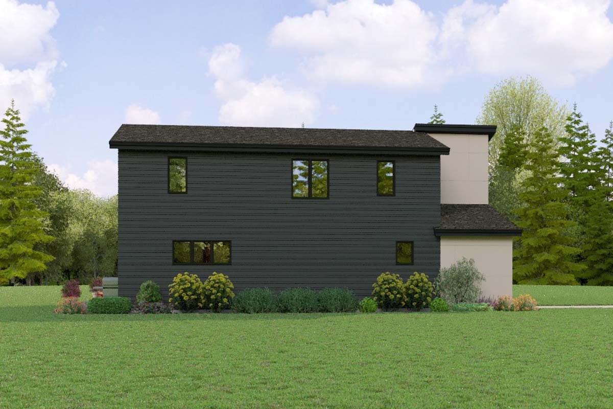 Modern house plan exterior, two stories, dark horizontal siding, prominent flat roof, and a lighter colored vertical section.