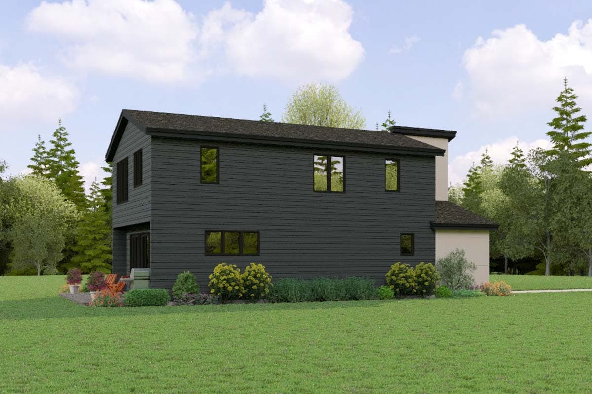 House plan exterior for a two-story modern home with dark horizontal siding, gable roof, and multiple windows.