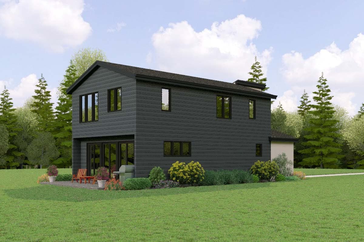 Modern two-story house plan exterior with dark horizontal siding, gabled roof, and large rear glass doors.