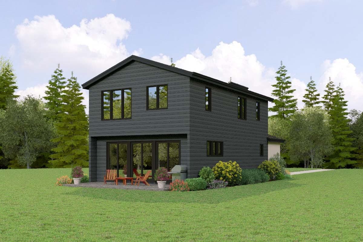 House plan exterior of a two-story Modern style home with a dark gray exterior, large windows, and a gabled roof.