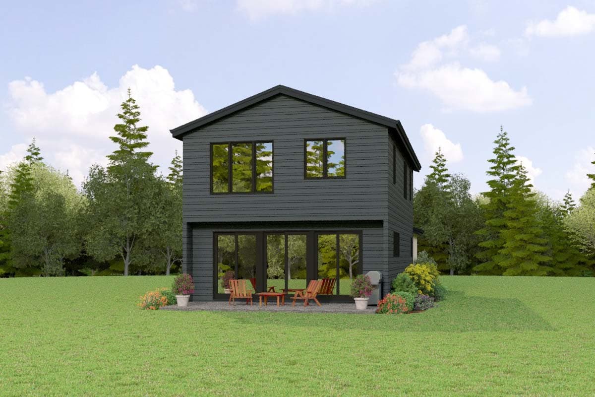 Modern two-story house plan exterior with horizontal siding, a gable roof, and a wall of sliding glass doors on the lower level.