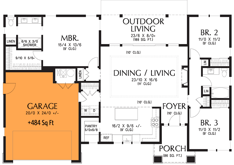Plan 69827AM: Modern Prairie-Style House Plan with Split 3 Bed Layout - 1592 Sq Ft - Floor Plan - 2-Car Front Garage Option ($210) - Northwest, Prairie, Ranch