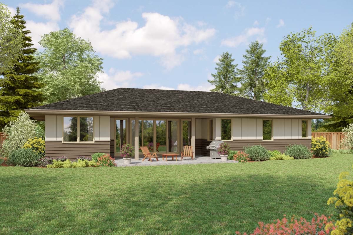 Ranch house plan exterior with sliding glass doors, a covered patio, and two-tone siding.