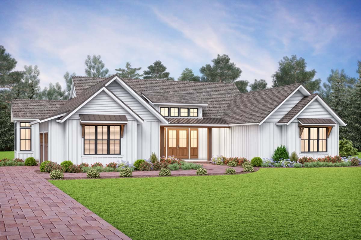 House plan exterior. Modern Farmhouse style with gabled roof, covered entry, and dormers. Features a brick walkway and manicured landscaping.