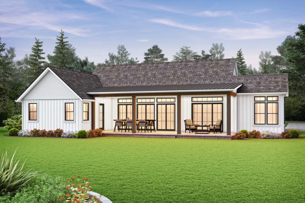House plan exterior: One-story Modern Farmhouse with gabled roof, white vertical siding, covered porch with large windows, and a detached garage.