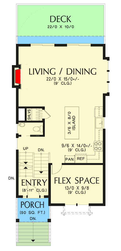 Plan 69829AM: Townhouse-Style House Plan with Flex Room and 3 Upstairs Beds - 2197 Sq Ft - Floor Plan - Main Level - Country, Farmhouse, New American, Northwest, Traditional
