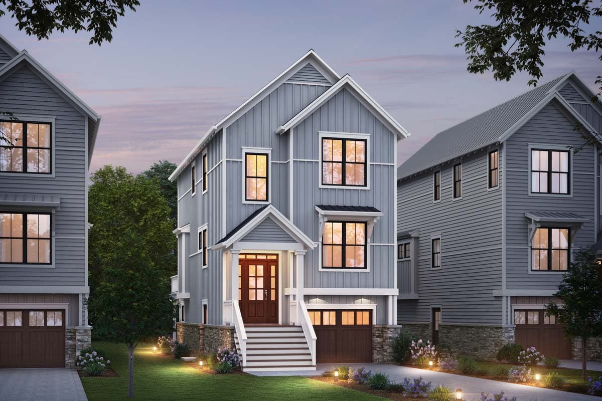 House plan exterior rendering. Two-story, farmhouse-style home with gabled roof, covered porch, and attached garage. Stone veneer foundation.