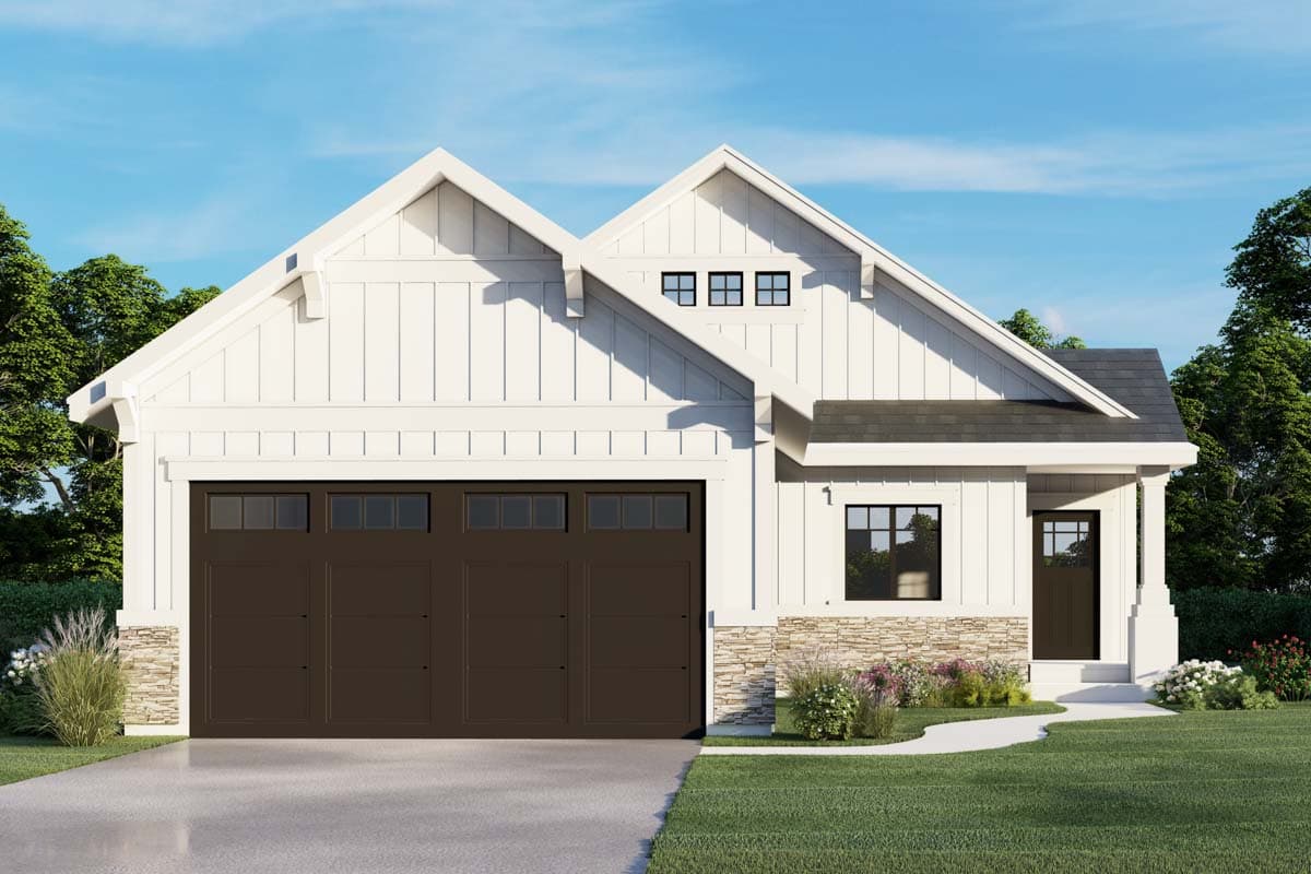 House plan exterior. Two-story Modern Farmhouse with gabled roof, board and batten siding, and a two-car garage.