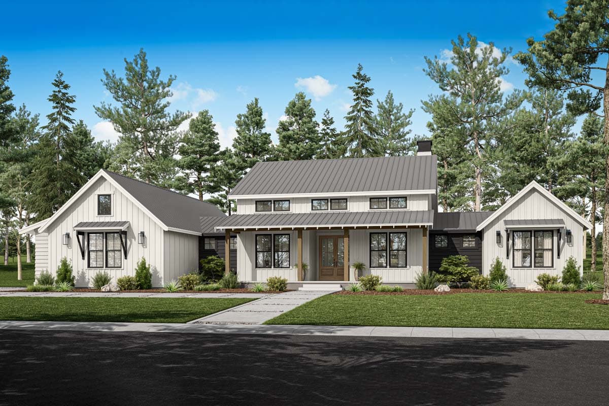 House plan exterior. Modern Farmhouse style, two-story house with a metal roof, front porch, multiple gables, and board-and-batten siding.