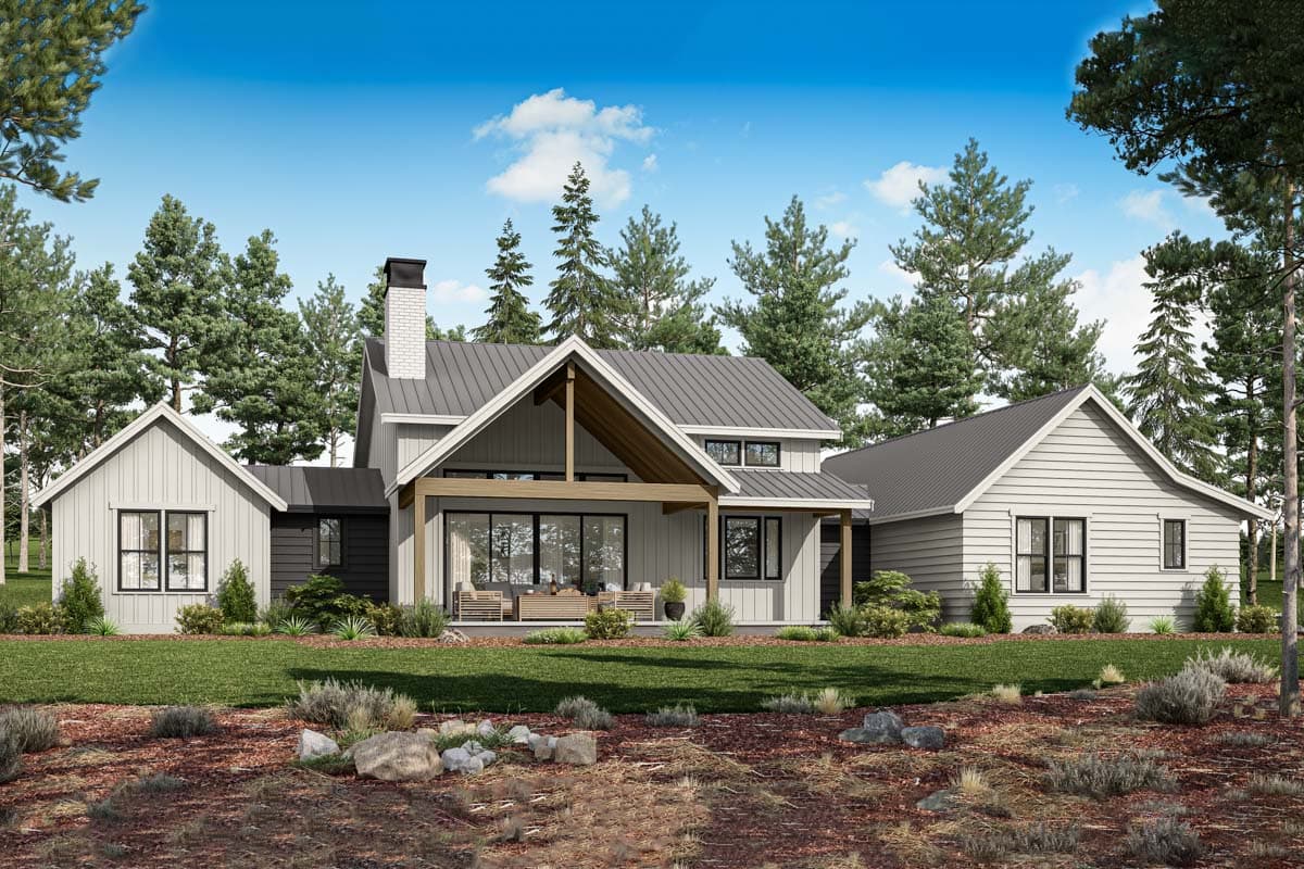 Modern Farmhouse house plan exterior, two stories, metal roof, large gabled entry with exposed beams, chimney, and covered patio.