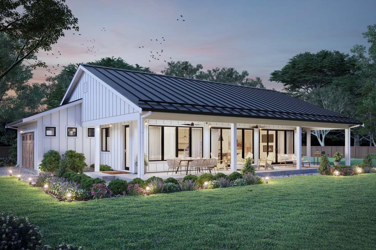 Modern Farmhouse style house plan exterior with board and batten siding, metal roof, one-car garage, and covered rear patio.