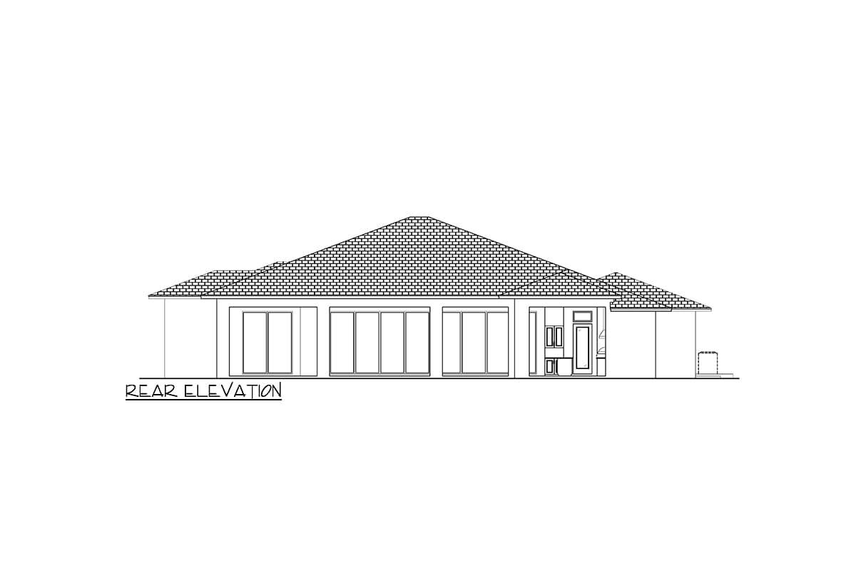 Rear elevation drawing of a single-story house plan with large windows, sliding glass doors, and a pitched roof.