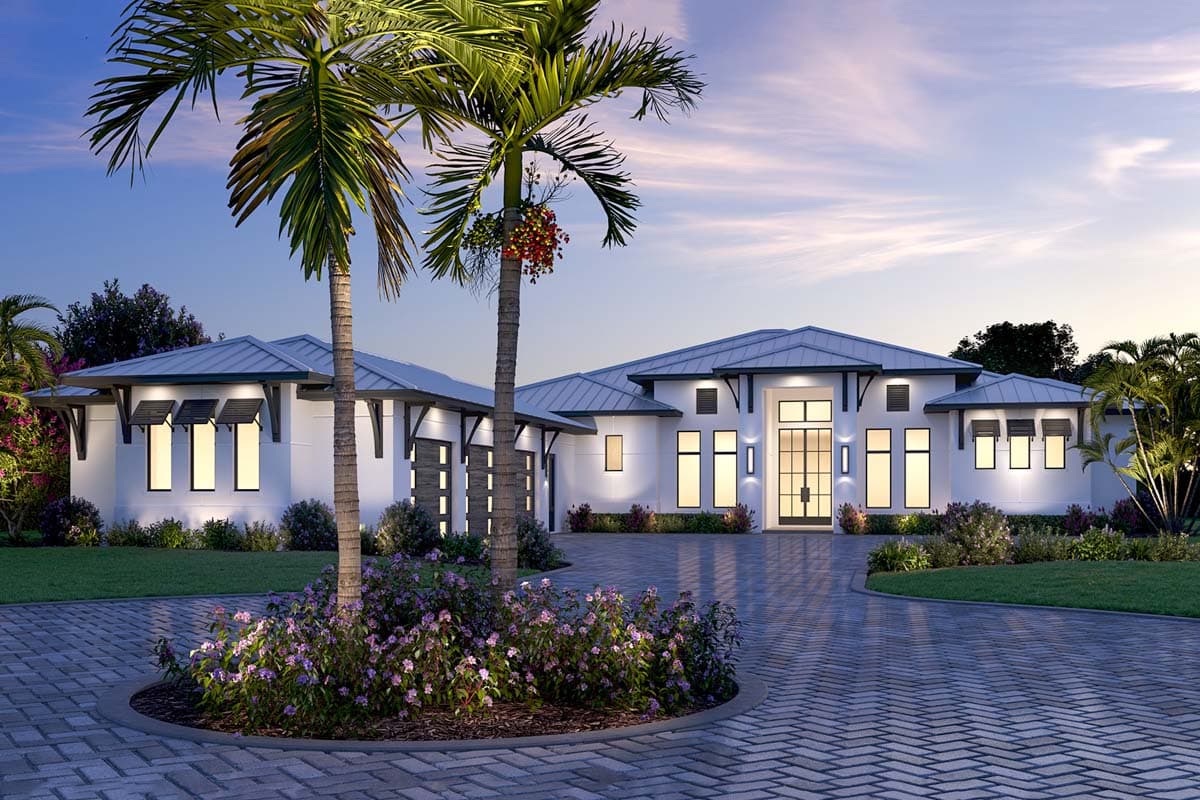 House plan exterior featuring a single-story design, flat roof, and a prominent front entry with a large glass door and transom windows.