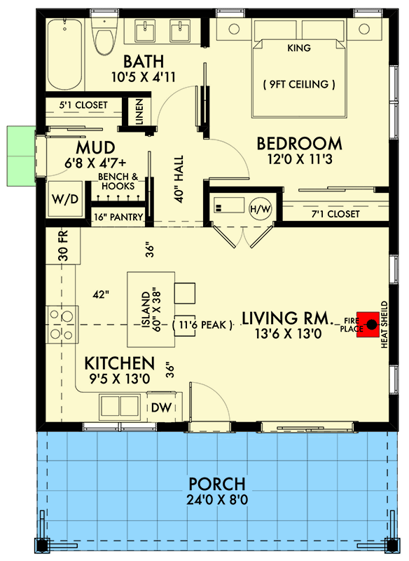 Plan 677030NWL: 1-Bed Cottage ADU with 8-Foot-Deep Front Porch - 672 Sq Ft - Floor Plan - Main Level - Cabin, Cottage, Country