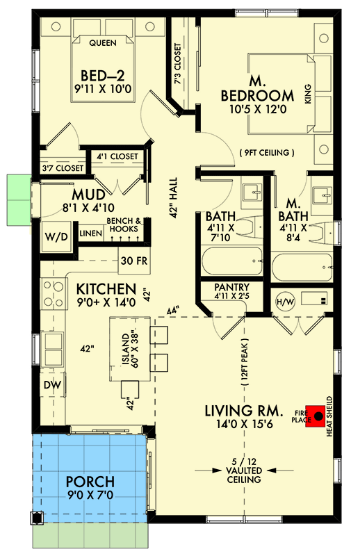 Plan 677031NWL: 2-Bed Country Cottage  House Plan - 897 Sq Ft - Floor Plan - Main Level - Cottage, Country, Craftsman, New American
