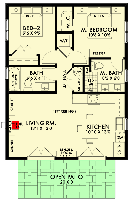 Plan 677032NWL: ADU House Plan with 2 Bedrooms and an Open Living Space - 800 Sq Ft - Floor Plan - Main Level - Cabin, Cottage, Country, Traditional