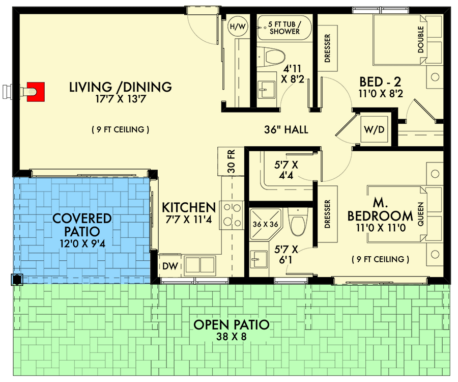 Plan 677033NWL: Mid-Century Modern Cottage - 800 Sq Ft - Floor Plan - Main Level - Contemporary, Mid Century Modern, Modern