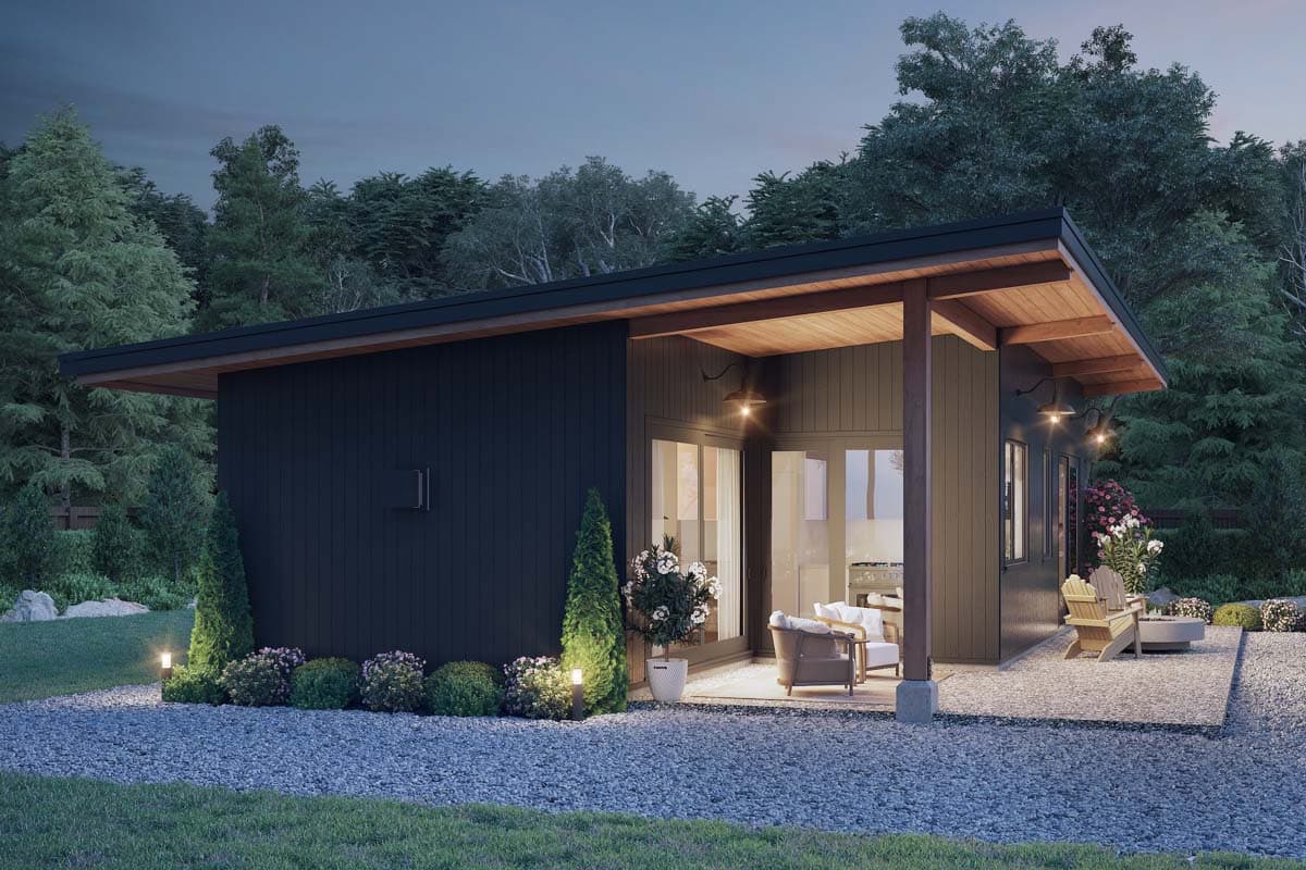 Modern house plan exterior with a low-pitched roof, dark siding, and covered patio with wood soffits.