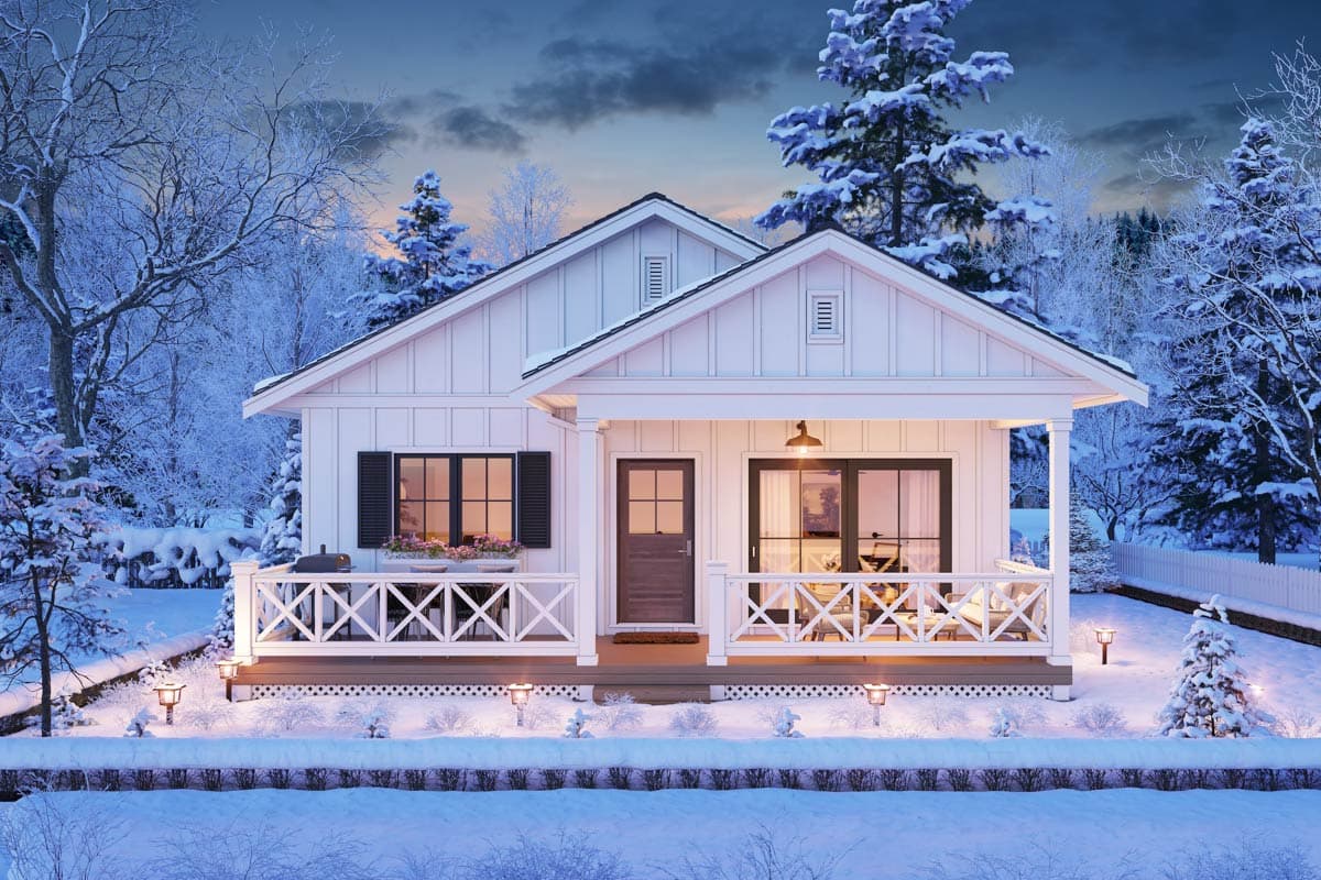 Modern Farmhouse house plan exterior with board and batten siding, gabled roof, covered porch, and decorative railings.