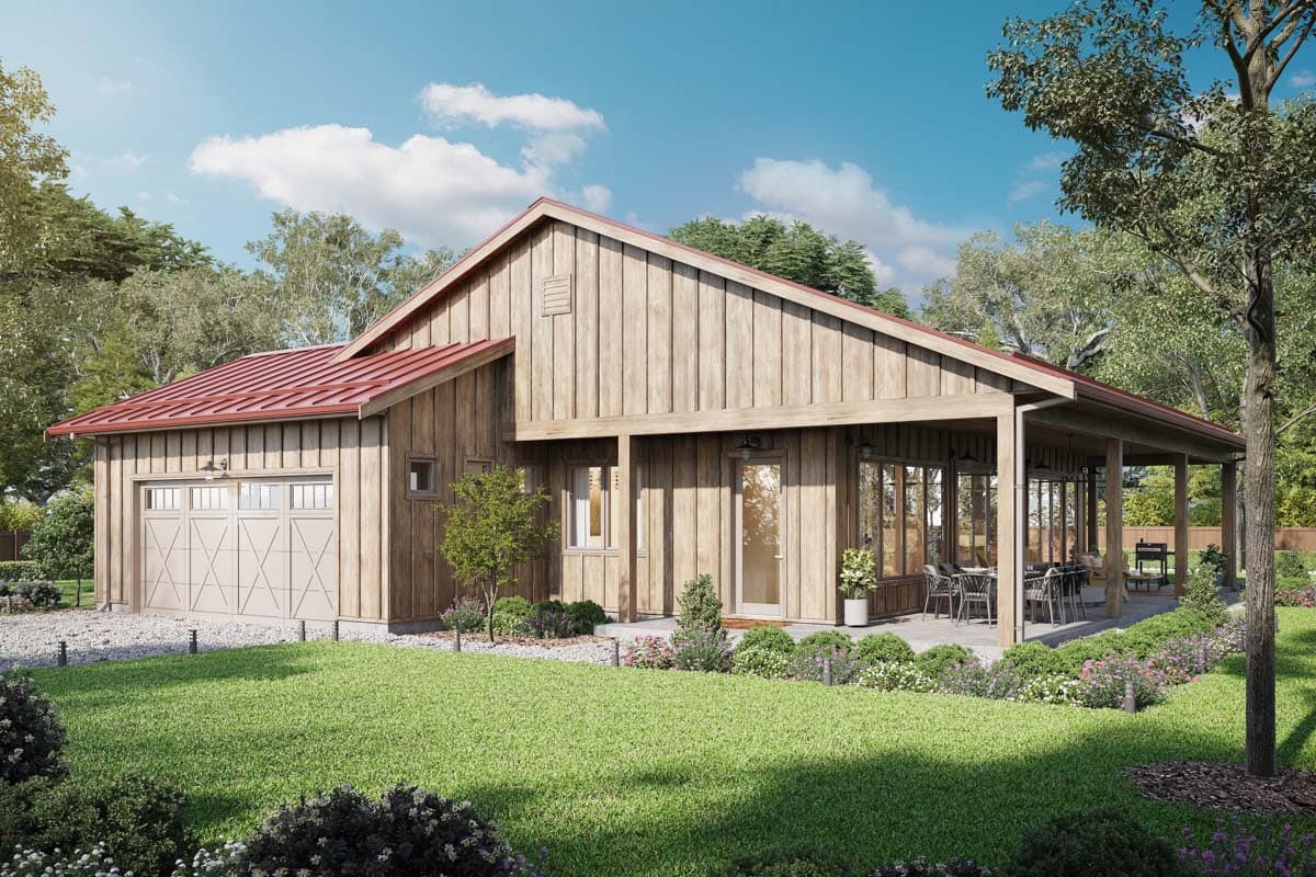 House plan exterior with board and batten siding, metal roof, and attached garage. Includes a covered porch with a dining area and an outdoor kitchen.